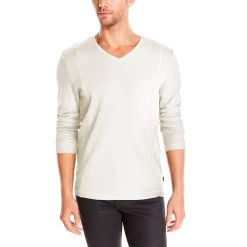 Calvin Klein Long Sleeved French Rib V-Neck Shirt - Snow White - Mens