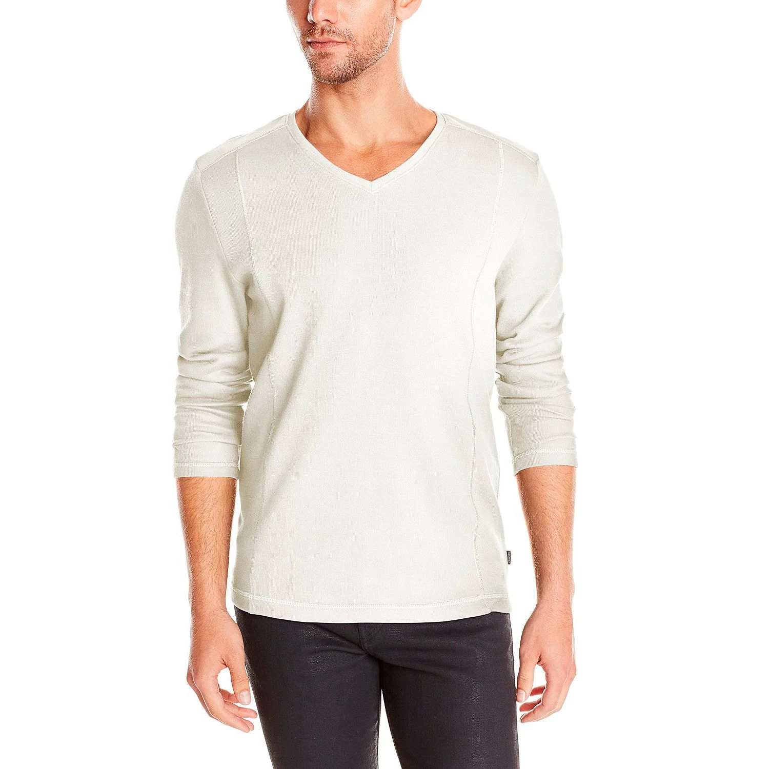 Calvin Klein Long Sleeved French Rib V-Neck Shirt - Snow White - Mens 1 Calvin Klein Long Sleeved French Rib V-Neck Shirt - Snow White - Mens