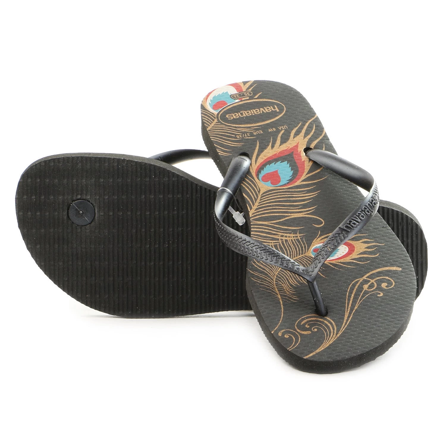 Havaianas Slim Peacock Thong Flip Flop Sandal - Black - Womens 1 Havaianas Slim Peacock Thong Flip Flop Sandal - Black - Womens
